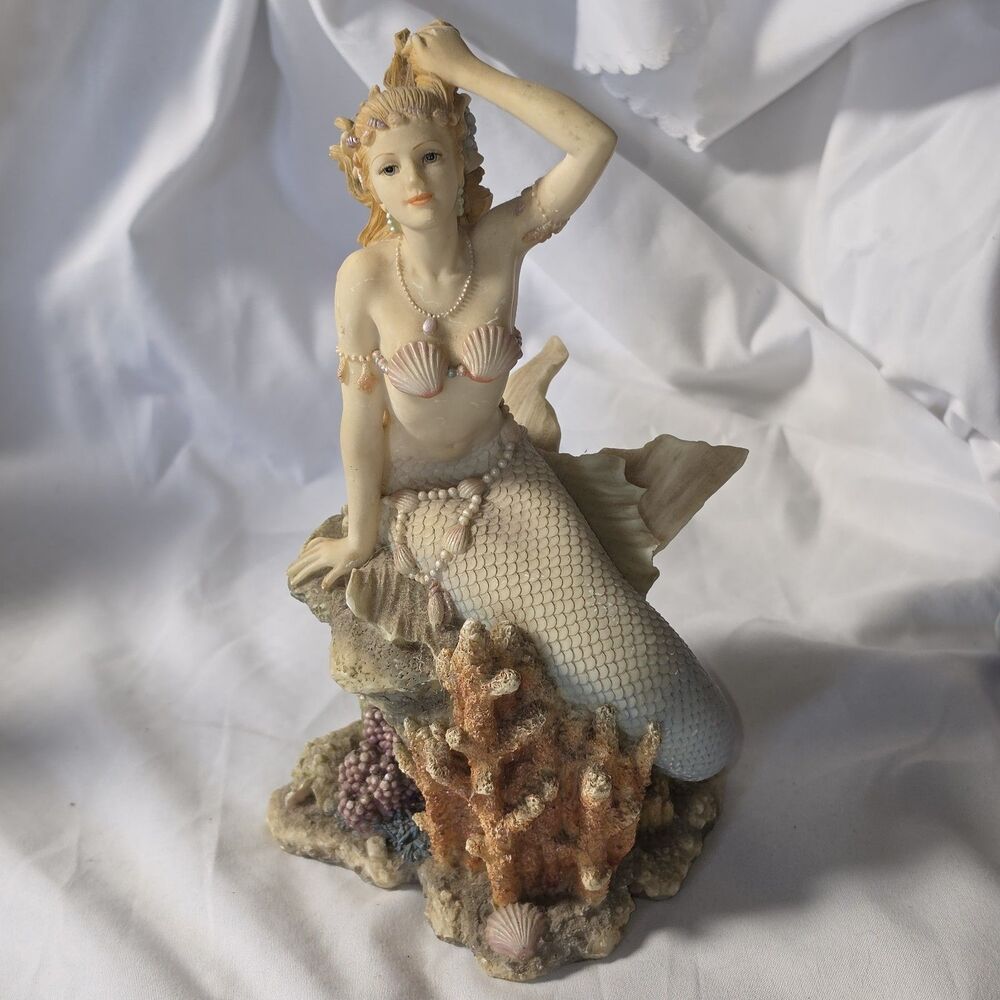 Mermaid Figurine Sitting on Coral Reef Seashell Coastal Nautical Decor 8.5”